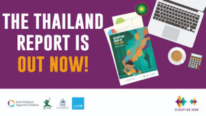 Cover of the Disrupting Harm Thailand report. Image text reads: "The Thailand Report Is Out Now". An image of the report and a laptop are on the right side of the image.