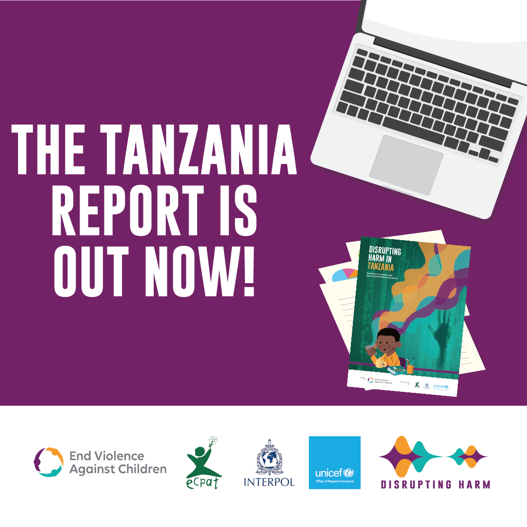 Purple background with a laptop and report cover on the right side. Text on the left says "The Tanzania report is out now!"